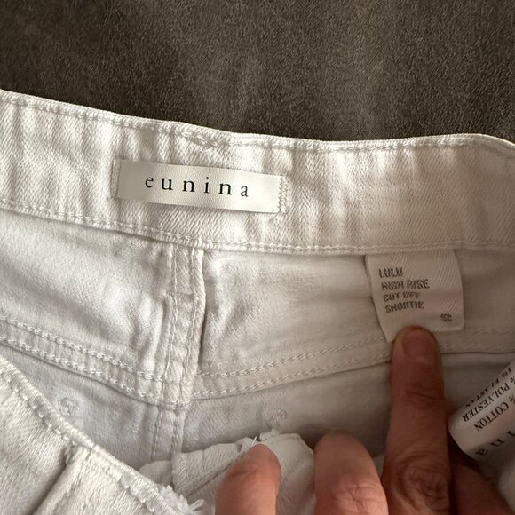 White Distressed High-Rise Denim Shorts By Eunina - Picture 2 of 4